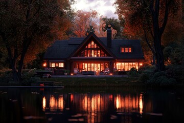 Fototapeta premium Lakeside home at twilight, a tranquil autumn scene with warm light glow reflection