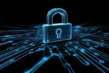 Padlock icon symbolizing digital security over interconnected data streams, padlock icon with connections over digital data processing on dark background