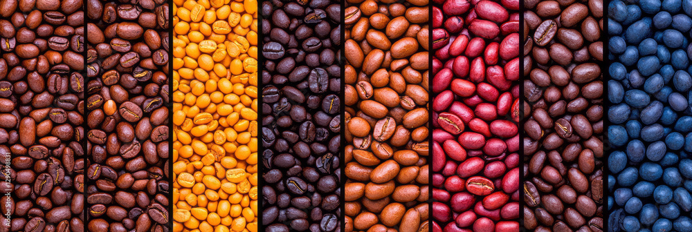Poster abstract overhead shot of beans arranged in circular lines, shifting from dark roast to light
