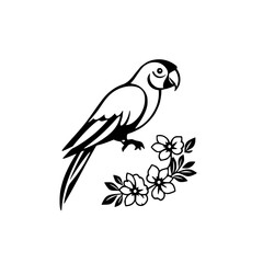 Minimalist black-and-white artwork of a parrot perched on blossoming flowers, elegant and simple.