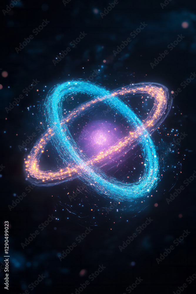 Aufkleber futuristic display of luminous atom-like structures floating in a dark minimal backdrop, glowing