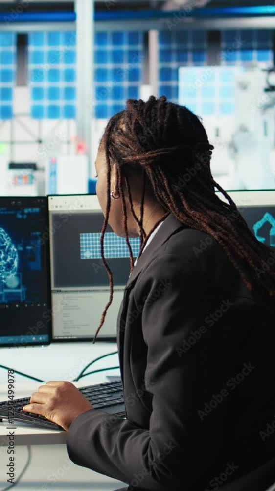 Poster vertical video software developer in photovoltaics factory using artificial intelligence to oversee 