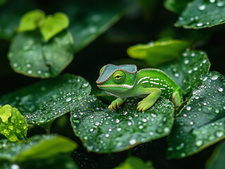 Obraz premium Chameleon resting on leaves with droplets in the rainforest