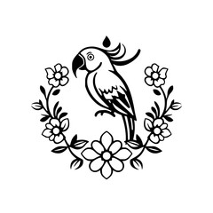 Silhouette of a parrot perched within a floral wreath.