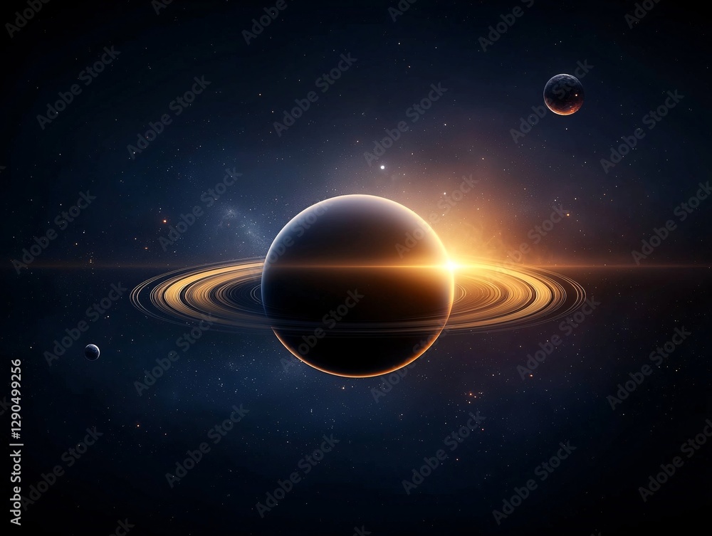 Poster an enormous planet with rings reflecting sunlight, floating majestically in the dark void of space, 