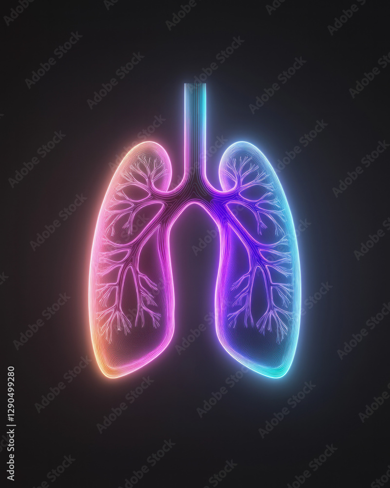 Poster futuristic design featuring neon-outlined lungs intersecting geometric forms, sharp contrasts,