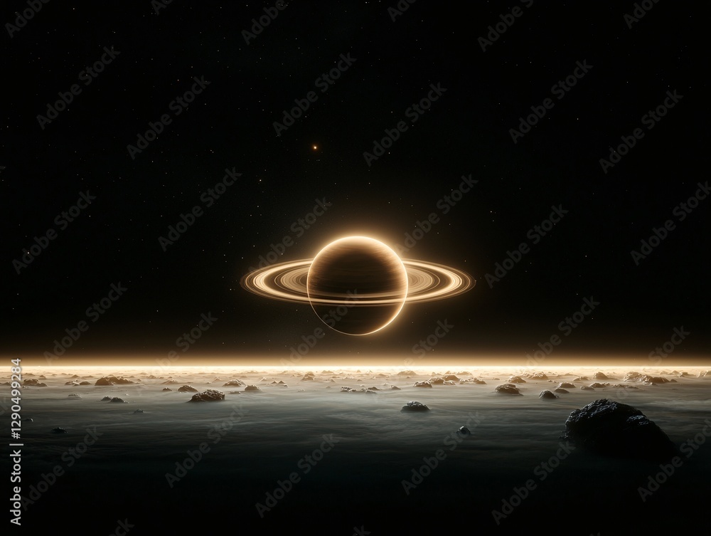 Poster an enormous planet with rings reflecting sunlight, floating majestically in the dark void of space, 