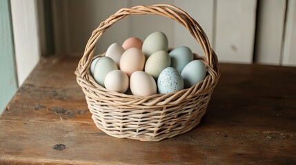 A clean Easter basket filled with pastel-colored eggs styled on a wooden table. background