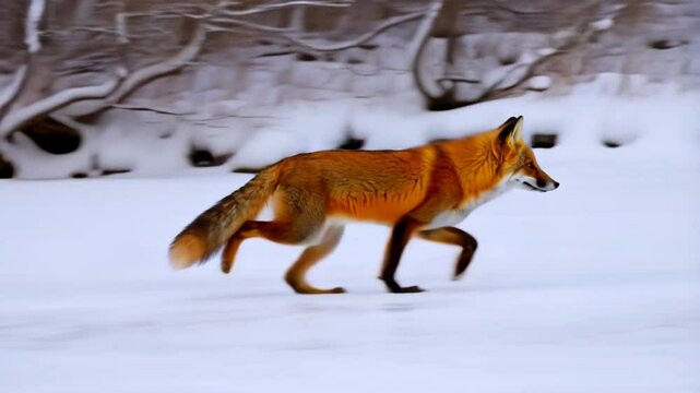 Red fox running on snow in winter forest