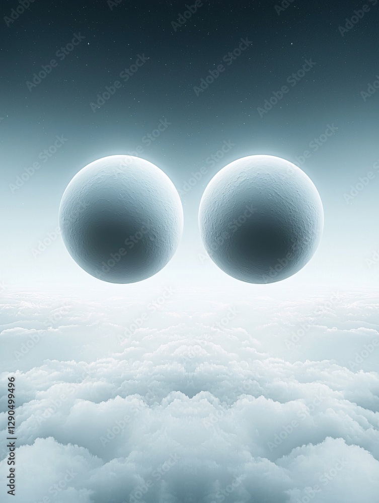 Poster a surreal sky with twin moons glowing in ethereal light, drifting clouds forming mystical patterns, 