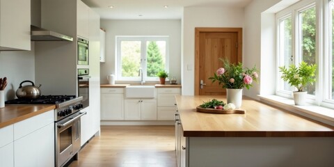 Bright, airy kitchen with wooden countertops, stainless steel appliances, and fresh flowers adding a touch of natural beauty to the contemporary space