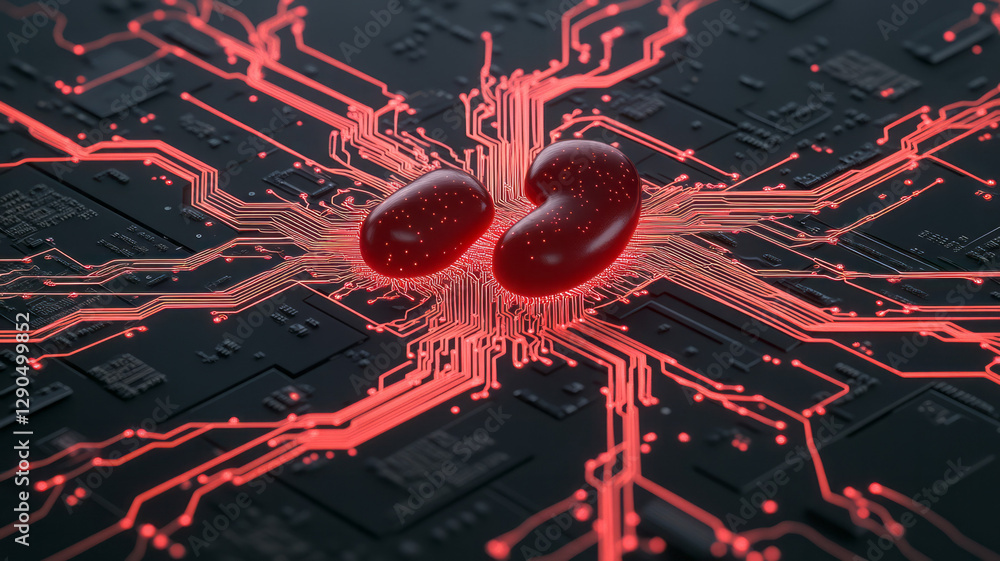 Aufkleber organic-meets-digital fusion of kidneys embedded in circuit board patterns, glowing neon nodes,