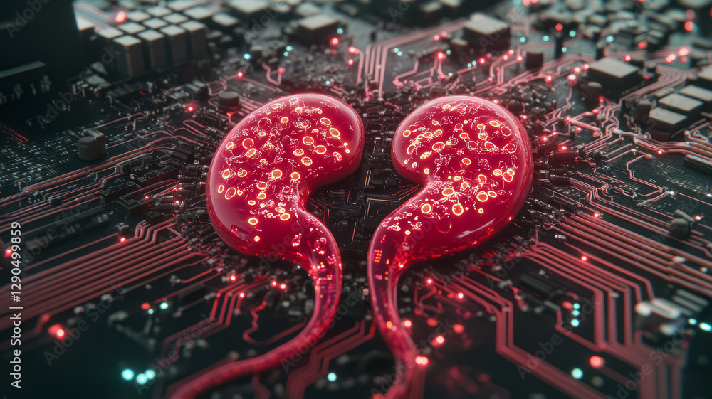 Poster organic-meets-digital fusion of kidneys embedded in circuit board patterns, glowing neon nodes,