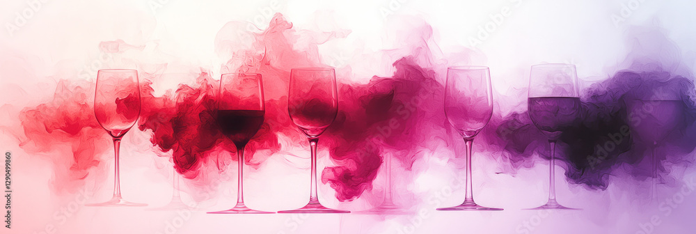 Poster surreal overhead arrangement of wine glasses and bottles merging with fluid brushstroke shapes,
