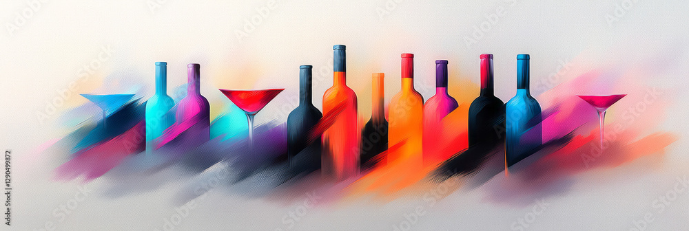 Poster surreal overhead arrangement of wine glasses and bottles merging with fluid brushstroke shapes,