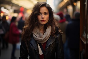 Fototapeta premium A woman wearing a scarf and a leather jacket stands in a busy street
