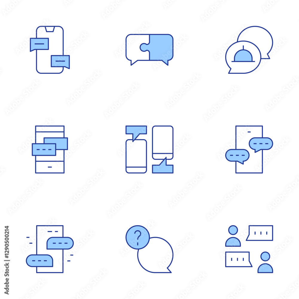 Poster chat icons set. line duotone style, editable stroke. mobile notification chat, dual screen messaging