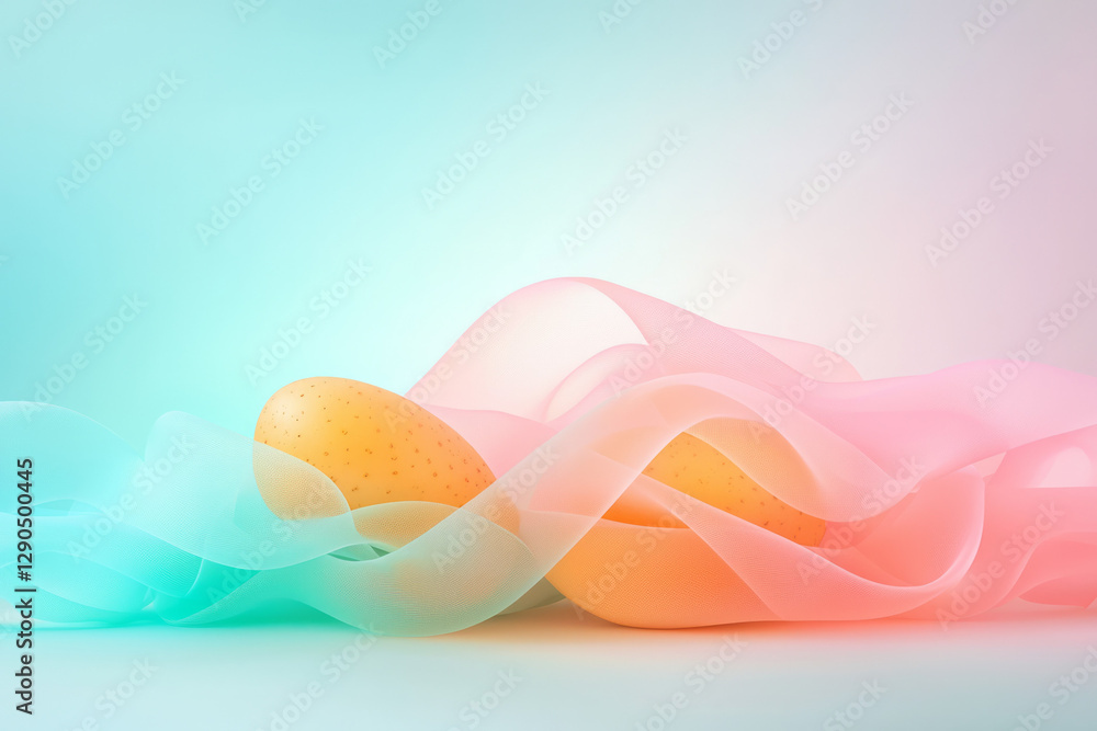 Aufkleber dreamlike display of deconstructed potato forms intertwined with pastel ribbons, soft gradient