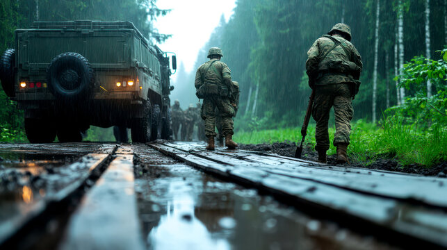 Soldiers navigate a muddy forest path beside military vehicles, surrounded by tall trees in a misty atmosphere.