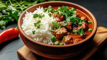 Delicious Bowl of Curry with Rice and Fresh Green Herbs
