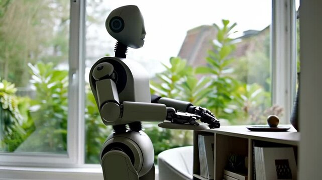 Humanoid robot is cleaning the house