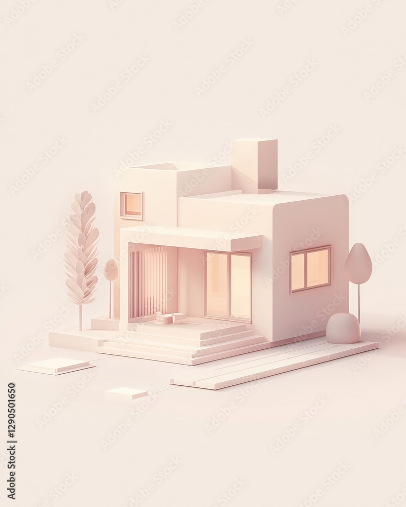 Poster minimalist architectural model featuring geometric forms bathed in a soft monochromatic color scheme
