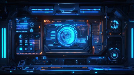 A high-tech interface with holographic elements, data streams, and neon blue light effects.