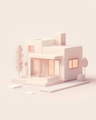 Minimalist architectural model featuring geometric forms bathed in a soft monochromatic color scheme with abstract trees