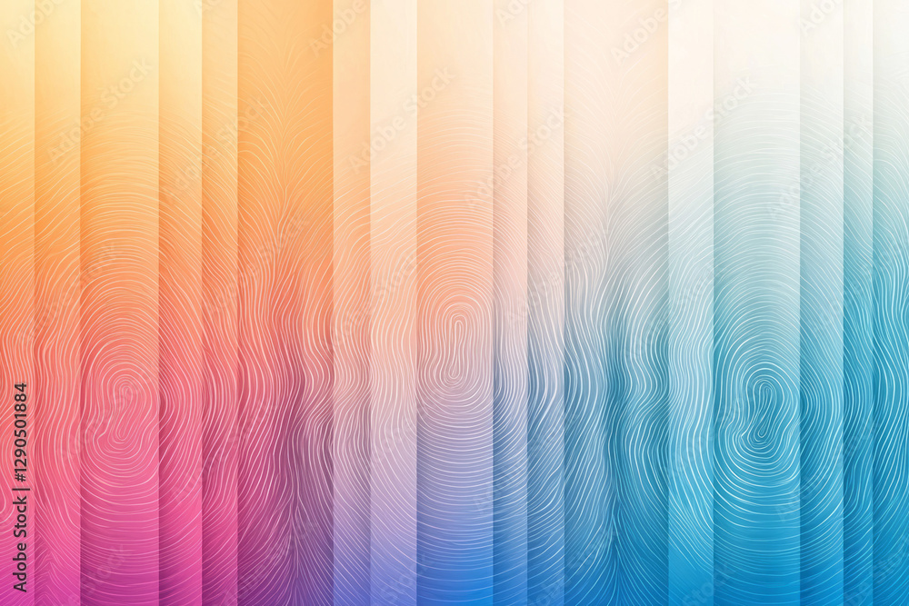 Poster kaleidoscopic pattern of repeating fingerprint lines in rainbow gradients, captivating symmetry,