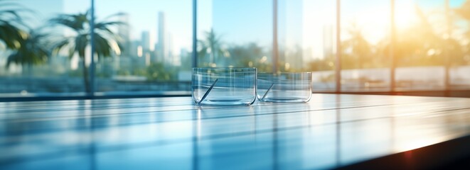 
Blurred office interior background with glass door and window, business work space in modern minimal design. Generative ai