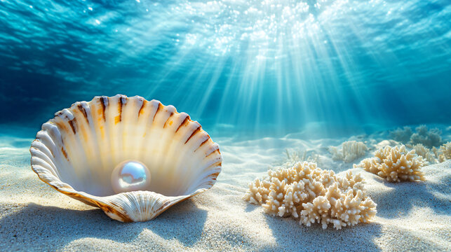 White mollusk shell with pearl on the bottom of a transparent ocean or blue sea. Banner template design for advertising tourism, vacation and travel to the sea with space for text