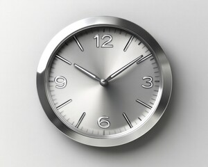 A clean silver clock icon with realistic shadows and reflective highlights, centered on white