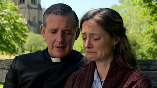 Priest comforting parishioner sitting on bench near church