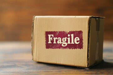Cardboard box with fragile label on wooden surface indoors