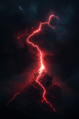 Lightning strikes mountain peak against dark clouds. Nature power usage image