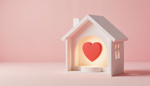White house with glowing heart inside on pink background