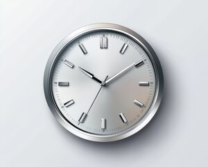A clean silver clock icon with realistic shadows and reflective highlights, centered on white