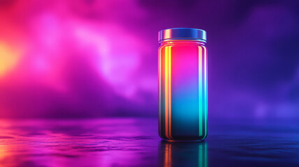 Neon glowing jar with colorful reflections on shiny surface.