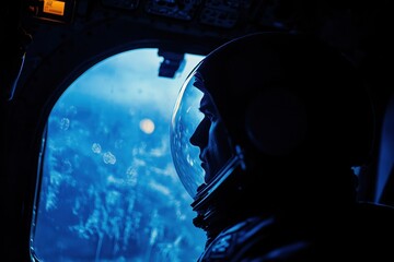 Silhouette of astronaut observing the vastness from a shuttle side during a space mission, Silhouette of astronaut in shuttle side, medium shot