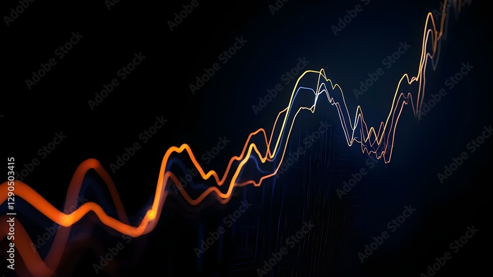 Poster a dynamic line graph depicting fluctuating data trends, with vibrant orange and white lines against 