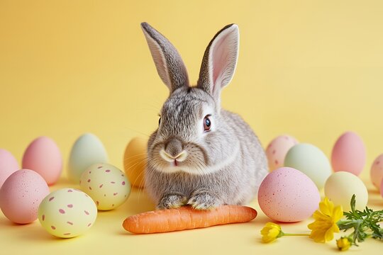 Cute gray bunny with carrot among colorful easter eggs and flowers - Powered by Adobe