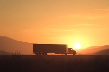 Fototapeta premium Silhouette of a truck on a road during sunset against mountainous landscape