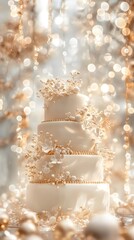 A beautiful cake decorated with flowers and golden ornamentation