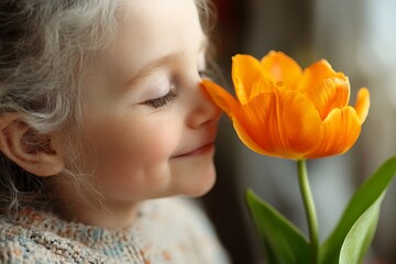 Child smelling orange tulip indoors