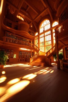 Elegant wooden library with stairs, books, and sunlit windows for learning