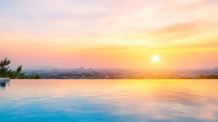 Fototapeta premium Sunset Cityscape Reflection in Infinity Pool, landscape photography, cityscape, sunset Cityscape, Infinity Pool