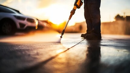 Naklejka premium Sunset Pressure Washing Low Angle Composition, Water Spray Detail, Cleaning Concept pressure washer, car wash