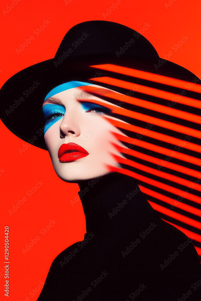 Poster bold pop-art style portrayal with exaggerated color blocks and overlapping silhouettes behind the