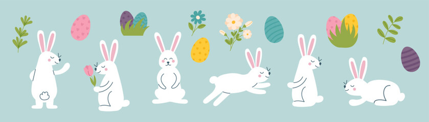 Set of Easter cliparts - bunnies, eggs, flowers. Concept of Easter, spring, holiday. Vector hand drawn background.
