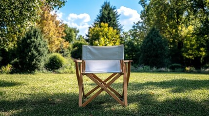 Serene Garden Chair Wooden Frame, Canvas Fabric, Outdoor Scene, Relaxation, Nature Keywords Director's Chair, Tranquility